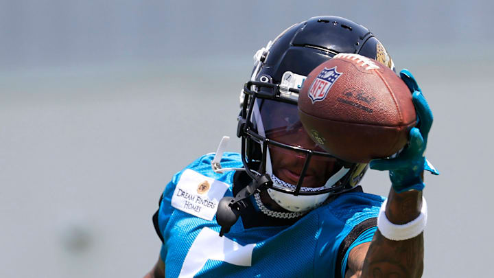 Jacksonville Jaguars wide receiver Dyami Brown (5) catches a pass during the first organized team activity at Miller Electric Center Monday, May 19, 2025 in Jacksonville, Fla.