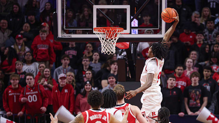Jan 2, 2026; Piscataway, New Jersey, USA; Rutgers Scarlet Knights forward Dylan Grant (9) goes up for a dunk during the first half against the Ohio State Buckeyes at Jersey Mike's Arena. Mandatory Credit: Vincent Carchietta-Imagn Images