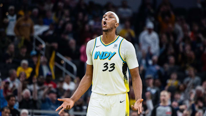 Jan 29, 2025; Indianapolis, Indiana, USA; Indiana Pacers center Myles Turner (33) celebrates a made basket  in the second half against the Detroit Pistons at Gainbridge Fieldhouse. Mandatory Credit: Trevor Ruszkowski-Imagn Images