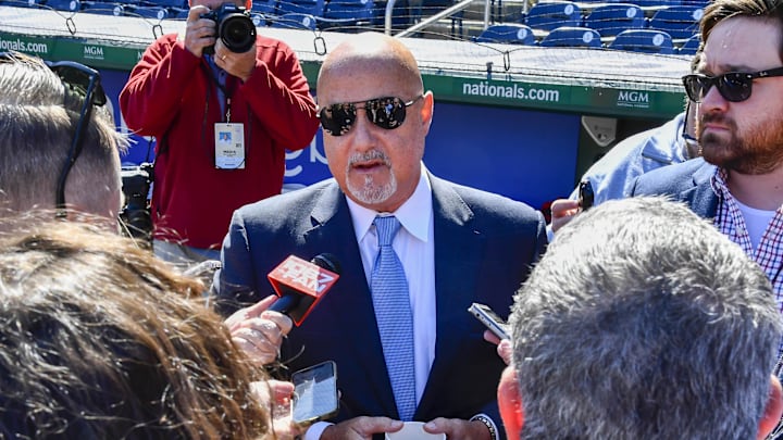 Mar 30, 2023; Washington, District of Columbia, USA; Washington Nationals general manager Mike Rizzo talks with the media before the game against the Atlanta Braves at Nationals Park. Mandatory Credit: Brad Mills-Imagn Images