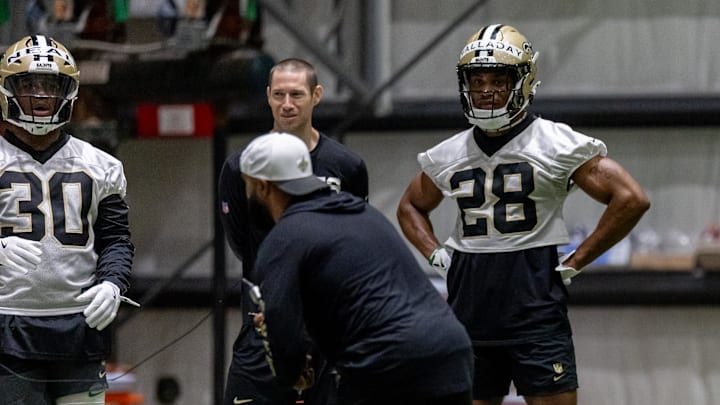 May 10, 2025; New Orleans, LA, USA;  New Orleans Saints running back Xazavian Valladay  (28) during rookie minicamp at Ochsner Sports Performance Center. Mandatory Credit: Stephen Lew-Imagn Images