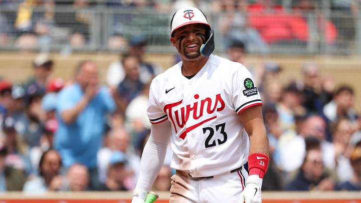 May 17, 2026; Minneapolis, Minnesota, USA; Minnesota Twins third baseman Royce Lewis (23) reacts to a strikeout against the Milwaukee Brewers during the first inning at Target Field. Mandatory Credit: Matt Krohn-Imagn Images