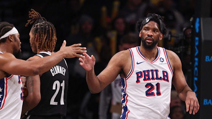 Jan 4, 2025; Brooklyn, New York, USA; Philadelphia 76ers center Joel Embiid (21) celebrates after  basket during the second half against the Brooklyn Nets at Barclays Center. Mandatory Credit: Vincent Carchietta-Imagn Images