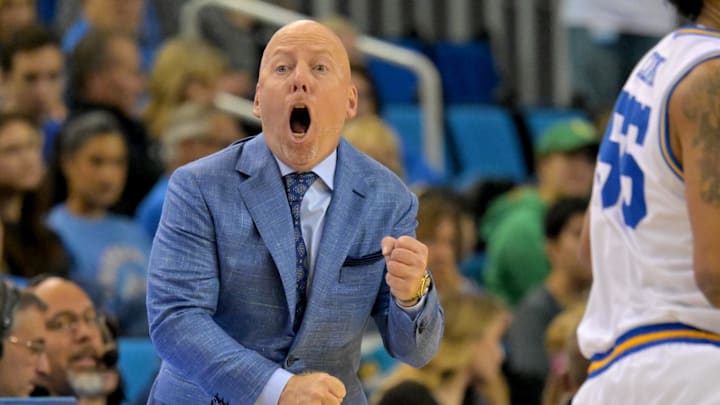 Dec 6, 2025; Los Angeles, California, USA;  UCLA Bruins head coach Mick Cronin reacts during the first half against the Oregon Ducks at Pauley Pavilion presented by Wescom Financial. Mandatory Credit: Jayne Kamin-Oncea-Imagn Images