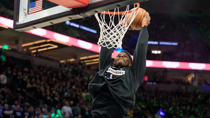 Apr 25, 2026; Minneapolis, Minnesota, USA; Minnesota Timberwolves guard Anthony Edwards (5) warms up before the game against the Denver Nuggets at Target Center. Mandatory Credit: Matt Blewett-Imagn Images