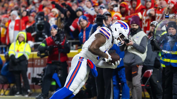 Jan 26, 2025; Kansas City, MO, USA; Buffalo Bills wide receiver Curtis Samuel (1) does a toe drag tap as he catches a pass for a touchdown against the Kansas City Chiefs during the AFC Championship game at GEHA Field at Arrowhead Stadium.