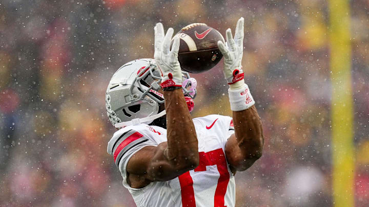 Ohio State Buckeyes wide receiver Carnell Tate (17) catches a pass against the Michigan Wolverines in the second half of the NCAA football game at Michigan Stadium on Saturday, Nov. 29, 2025 in Ann Arbor, Michigan.