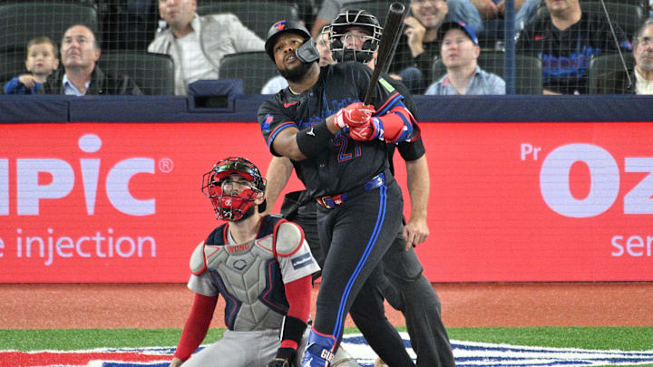 Toronto Blue Jays first baseman Vladimir Guerrero Jr. (27) hits a double against the Boston Red Sox in the fourth inning at Rogers Centre on Sept 25.