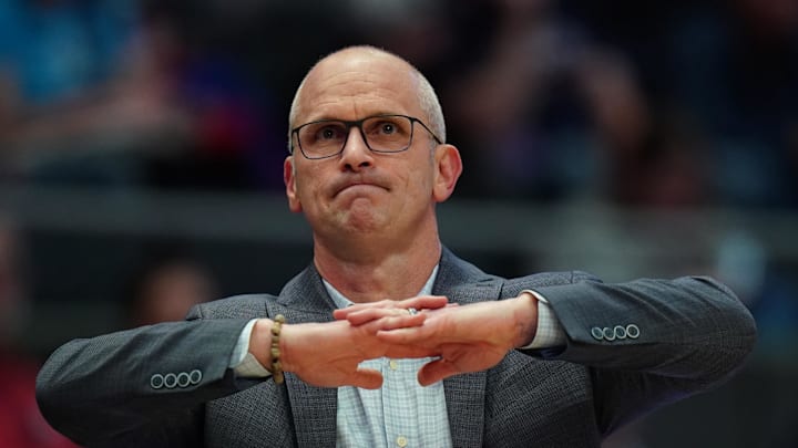 Nov 23, 2025; Hartford, Connecticut, USA; UConn Huskies head coach Dan Hurley watches from the sideline as they take on the Bryant Bulldogs at Peoples Bank Arena. Mandatory Credit: David Butler II-Imagn Images