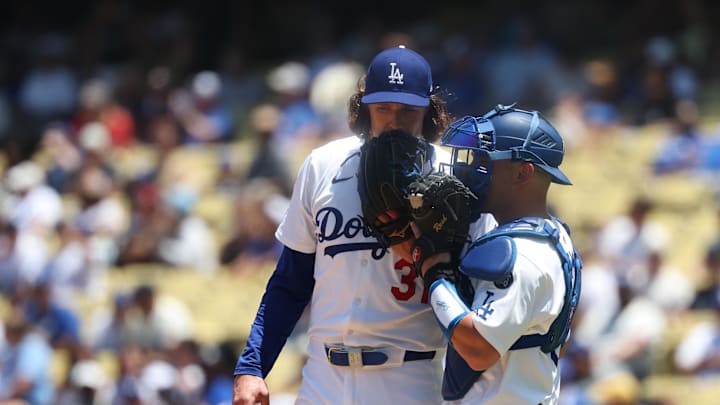 Jul 23, 2025; Los Angeles, California, USA; Los Angeles Dodgers starting pitcher Tyler Glasnow (31) and catcher Dalton Rushing (68) talk during a mound visit in the first inning against the Minnesota Twins at Dodger Stadium. Mandatory Credit: Kiyoshi Mio-Imagn Images