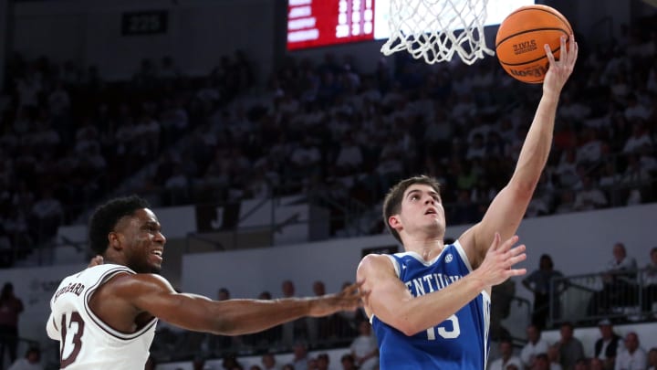 Feb 27, 2024; Starkville, Mississippi, USA; Kentucky Wildcats guard Reed Sheppard (15) drives to the basket as Mississippi State Bulldogs guard Josh Hubbard (13) defends during the second half at Humphrey Coliseum. Mandatory Credit: Petre Thomas-USA TODAY Sports Feb 27, 2024; Starkville, Mississippi, USA; Kentucky Wildcats guard Reed Sheppard (15) drives to the basket as Mississippi State Bulldogs guard Josh Hubbard (13) defends during the second half at Humphrey Coliseum. Mandatory Credit: Petre Thomas-USA TODAY Sports
