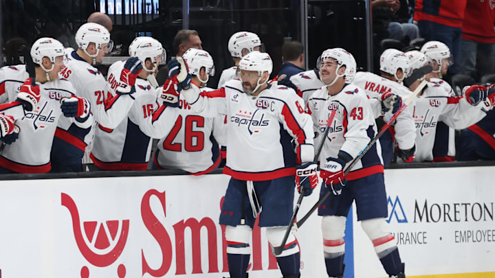 Nov 18, 2024; Salt Lake City, Utah, USA; Washington Capitals left wing Alex Ovechkin (8) celebrates scoring a second goal against the Utah Hockey Club during the second period at Delta Center. Mandatory Credit: Rob Gray-Imagn Images