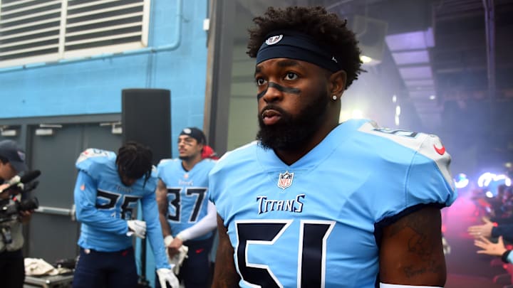 Nov 27, 2022; Nashville, Tennessee, USA; Tennessee Titans linebacker David Long Jr. (51) waits to take the field before the game against the Cincinnati Bengals at Nissan Stadium. Mandatory Credit: Christopher Hanewinckel-Imagn Images