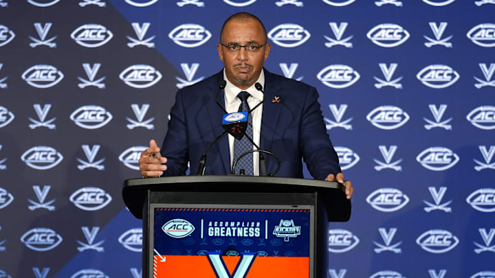 Jul 22, 2025; Charlotte, NC, USA; Virginia head coach Tony Elliott answers questions from the media during ACC Media Days at Hilton Charlotte Uptown. Mandatory Credit: Jim Dedmon-Imagn Images