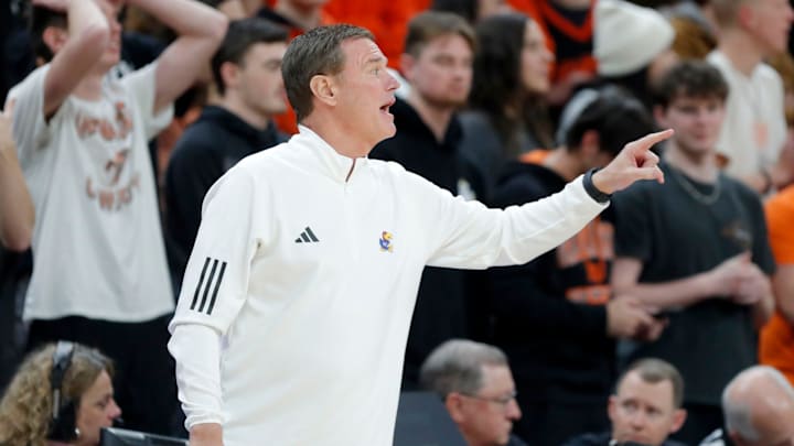 Kansas coach Bill Self gestures during a college basketball game between the Oklahoma State University Cowboys (OSU) and the Kansas Jayhawks at Gallagher-Iba Arena in Stillwater, Okla., Tuesday, Jan. 16, 2024.