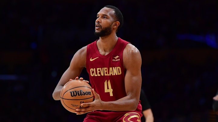 Apr 6, 2024; Los Angeles, California, USA; Cleveland Cavaliers forward Evan Mobley (4) shoots against the Los Angeles Lakers during the first half at Crypto.com Arena. Mandatory Credit: Gary A. Vasquez-USA TODAY Sports
