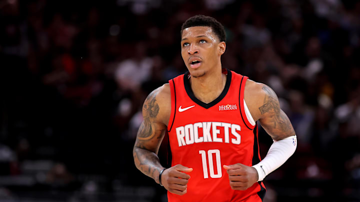 Apr 3, 2026; Houston, Texas, USA; Houston Rockets forward Jabari Smith Jr. (10) reacts after a made basket against the Utah Jazz during the second quarter at Toyota Center. Mandatory Credit: Erik Williams-Imagn Images
