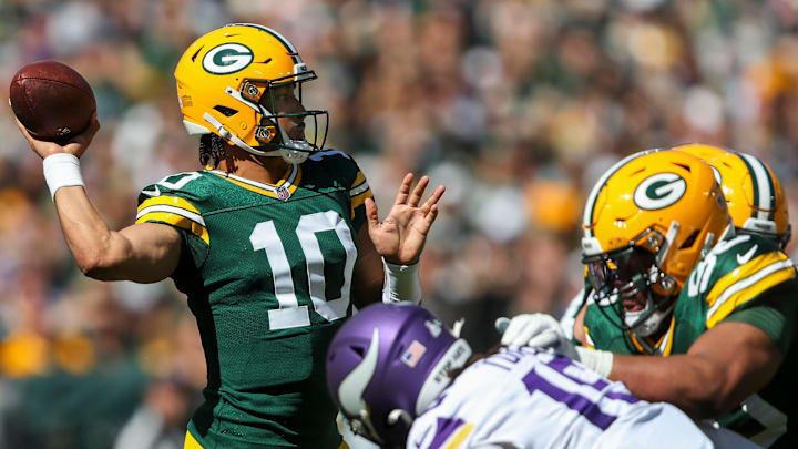 Green Bay Packers quarterback Jordan Love (10) passes the ball against the Minnesota Vikings on Sept. 29.