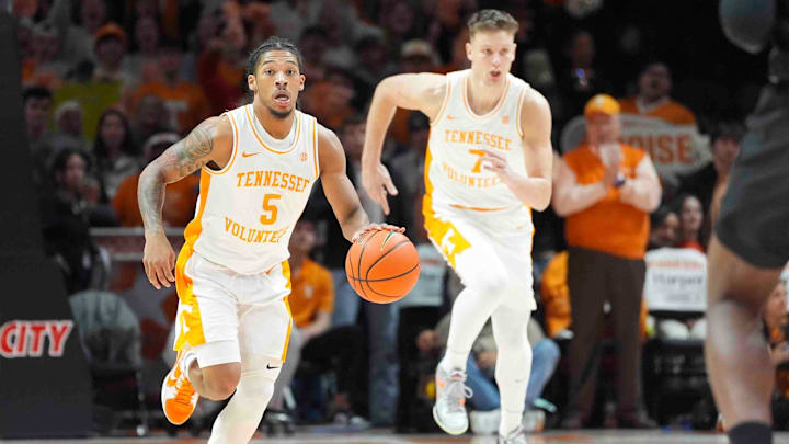 Tennessee's Zakai Zeigler (5) dribbles down the court during a men’s college basketball game between Tennessee and Mississippi State at Thompson-Boling Arena at Food City Center, Tuesday, Jan. 21, 2025. Tennessee's Zakai Zeigler (5) dribbles down the court during a men’s college basketball game between Tennessee and Mississippi State at Thompson-Boling Arena at Food City Center, Tuesday, Jan. 21, 2025.