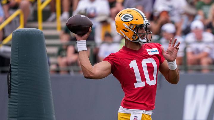 Green Bay Packers quarterback Jordan Love passes the ball during practice on Friday, July 31, 2026, at Ray Nitschke Field in Ashwaubenon, Wisconsin.