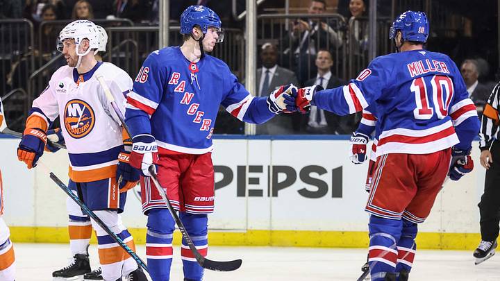 Sep 22, 2026; New York, New York, USA; New York Rangers left wing Pavel Dorofeyev (16) is greeted by forward JT Miller (10) after scoring in the second period against the New York Islanders at Madison Square Garden. Mandatory Credit: Wendell Cruz-Imagn Images Sep 22, 2026; New York, New York, USA; New York Rangers left wing Pavel Dorofeyev (16) is greeted by forward JT Miller (10) after scoring in the second period against the New York Islanders at Madison Square Garden. Mandatory Credit: Wendell Cruz-Imagn Images
