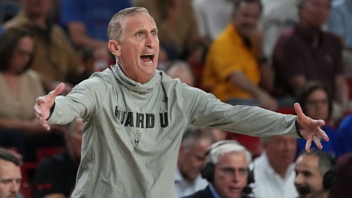 ASU Sun Devils head coach Bobby Hurley yells out to his team as they play the Kansas Jayhawks at Desert Financial Arena in Tempe, on March 3, 2026.