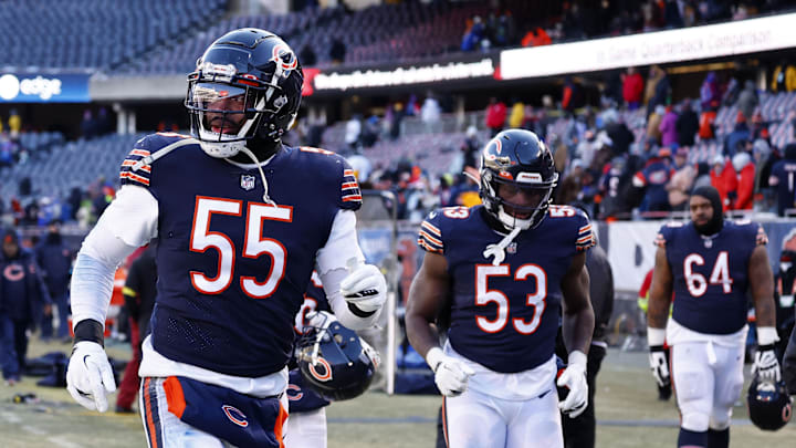 Dec 24, 2022; Chicago, Illinois, USA; Chicago Bears defensive end Al-Quadin Muhammad (55) after the game against the Buffalo Bills at Soldier Field. Mandatory Credit: Mike Dinovo-Imagn Images