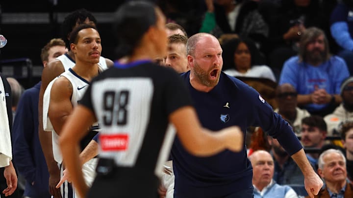 Jan 25, 2025; Memphis, Tennessee, USA; Memphis Grizzlies head coach Taylor Jenkins reacts after a foul during the second quarter against the Utah Jazz at FedExForum. Mandatory Credit: Petre Thomas-Imagn Images Jan 25, 2025; Memphis, Tennessee, USA; Memphis Grizzlies head coach Taylor Jenkins reacts after a foul during the second quarter against the Utah Jazz at FedExForum. Mandatory Credit: Petre Thomas-Imagn Images