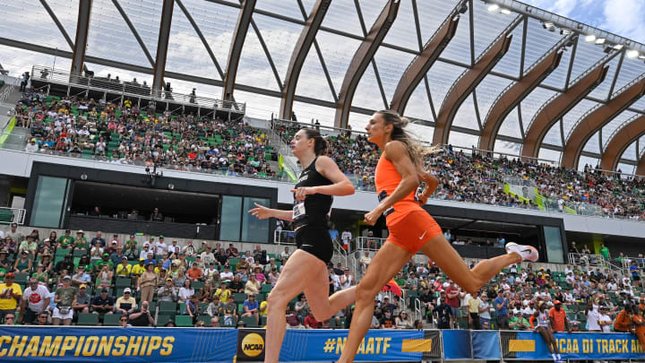 Jun 8, 2024; Eugene, OR, USA; Roisin Willis of Stanford wins silver and Gabija Galvydyte of Oklahoma State takes bronze in the 1500m during the NCAA Track and Field Championships at Hayward Field. Mandatory Credit: Craig Strobeck-USA TODAY Sports