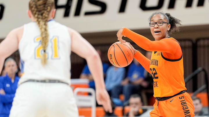 Oklahoma State guard Stailee Heard (32) calls to players in the third quarter during an NCAA women’s basketball game between Oklahoma State and McNeese at Gallagher-Iba Arena in Stillwater, Okla., on Monday, Dec. 16, 2024. Oklahoma State guard Stailee Heard (32) calls to players in the third quarter during an NCAA women’s basketball game between Oklahoma State and McNeese at Gallagher-Iba Arena in Stillwater, Okla., on Monday, Dec. 16, 2024.
