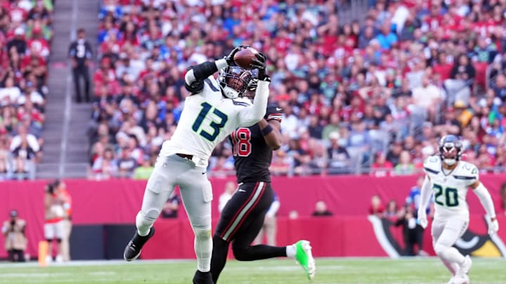 Dec 8, 2024; Glendale, Arizona, USA; Seattle Seahawks linebacker Ernest Jones IV (13) intercepts a pass against the Arizona Cardinals during the first half at State Farm Stadium. Mandatory Credit: Joe Camporeale-Imagn Images Dec 8, 2024; Glendale, Arizona, USA; Seattle Seahawks linebacker Ernest Jones IV (13) intercepts a pass against the Arizona Cardinals during the first half at State Farm Stadium. Mandatory Credit: Joe Camporeale-Imagn Images