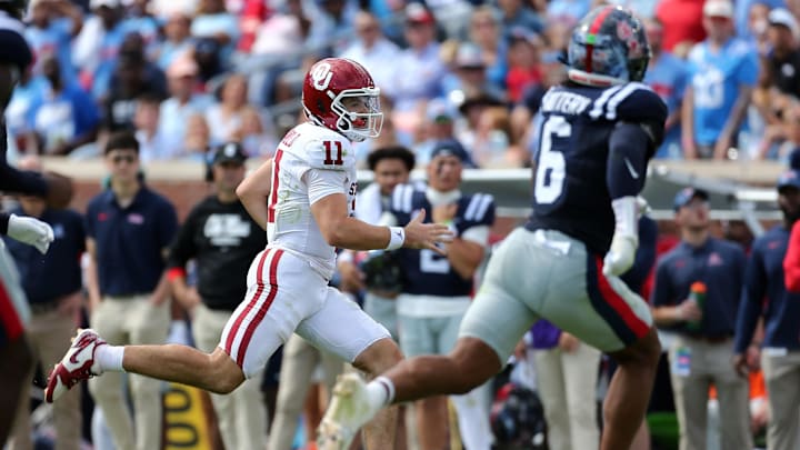 Oct 26, 2024; Oxford, Mississippi, USA; Oklahoma Sooners quarterback Jackson Arnold (11) runs the ball during the first half against the Mississippi Rebels at Vaught-Hemingway Stadium. Mandatory Credit: Petre Thomas-Imagn Images