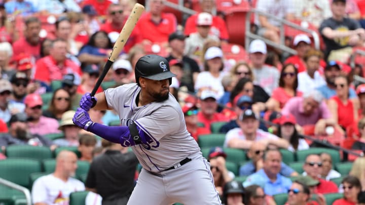 Jun 9, 2024; St. Louis, Missouri, USA; Colorado Rockies catcher Elias Diaz (35) at bat against the St. Louis Cardinals at Busch Stadium.
