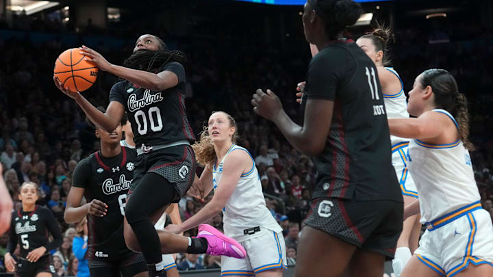 South Carolina Gamecocks guard Ta'Niya Latson (00) attempts a layup against the UCLA Bruins during their NCAA women's basketball national championship game at Mortgage Matchup Center in Phoenix on April 5, 2026.