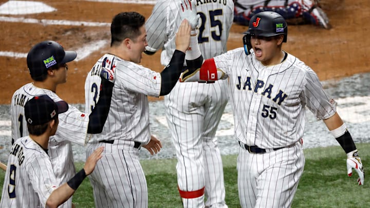 Mar 21, 2023; Miami, Florida, USA; Japan third baseman Munetaka Murakami (55) celebrates home run against the USA in the second inning at LoanDepot Park. Mandatory Credit: Rhona Wise-Imagn Images