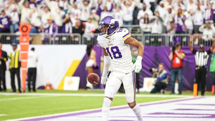 Dec 24, 2022; Minneapolis, Minnesota, USA; Minnesota Vikings wide receiver Justin Jefferson (18) celebrates his touchdown against the New York Giants during the fourth quarter at U.S. Bank Stadium. Mandatory Credit: Matt Krohn-Imagn Images Dec 24, 2022; Minneapolis, Minnesota, USA; Minnesota Vikings wide receiver Justin Jefferson (18) celebrates his touchdown against the New York Giants during the fourth quarter at U.S. Bank Stadium. Mandatory Credit: Matt Krohn-Imagn Images
