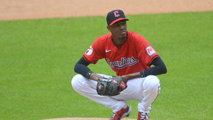 Triston McKenzie watches a game against the Blue Jays from the mound.