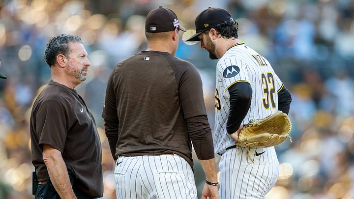 Aug 22, 2026; San Diego, California, USA; San Diego Padres starting pitcher Casey Mize (32) is looked at by training staff during the third inning against the Minnesota Twins at Petco Park. Mandatory Credit: David Frerker-Imagn Images Aug 22, 2026; San Diego, California, USA; San Diego Padres starting pitcher Casey Mize (32) is looked at by training staff during the third inning against the Minnesota Twins at Petco Park. Mandatory Credit: David Frerker-Imagn Images
