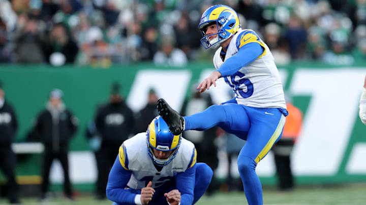 Dec 22, 2024; East Rutherford, New Jersey, USA; Los Angeles Rams place kicker Joshua Karty (16) follows through on a field goal against the New York Jets during the fourth quarter at MetLife Stadium. Mandatory Credit: Brad Penner-Imagn Images Dec 22, 2024; East Rutherford, New Jersey, USA; Los Angeles Rams place kicker Joshua Karty (16) follows through on a field goal against the New York Jets during the fourth quarter at MetLife Stadium. Mandatory Credit: Brad Penner-Imagn Images