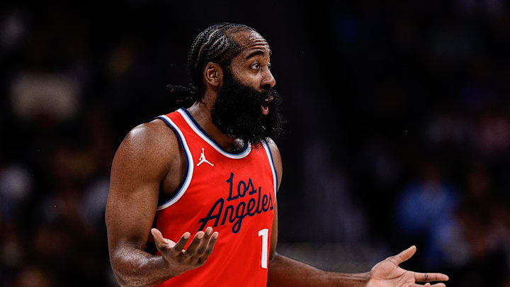 Dec 13, 2024; Denver, Colorado, USA; Los Angeles Clippers guard James Harden (1) reacts in the first quarter against the Denver Nuggets at Ball Arena. 