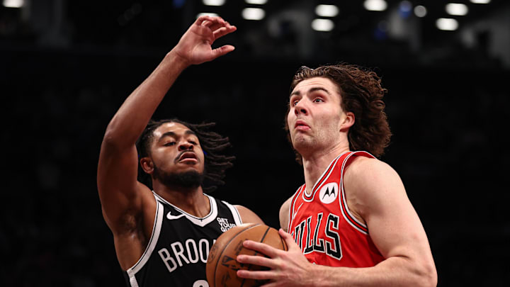Nov 1, 2024; Brooklyn, New York, USA; Chicago Bulls guard Josh Giddey (3) drives to the basket against Brooklyn Nets guard Cam Thomas (24) during the first quarter at Barclays Center. Mandatory Credit: Vincent Carchietta-Imagn Images Nov 1, 2024; Brooklyn, New York, USA; Chicago Bulls guard Josh Giddey (3) drives to the basket against Brooklyn Nets guard Cam Thomas (24) during the first quarter at Barclays Center. Mandatory Credit: Vincent Carchietta-Imagn Images