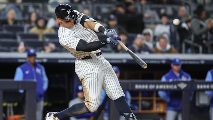 Apr 16, 2025; Bronx, New York, USA; New York Yankees designated hitter Aaron Judge (99) hits a solo home run in the seventh inning against the Kansas City Royals at Yankee Stadium. Mandatory Credit: Wendell Cruz-Imagn Images Apr 16, 2025; Bronx, New York, USA; New York Yankees designated hitter Aaron Judge (99) hits a solo home run in the seventh inning against the Kansas City Royals at Yankee Stadium. Mandatory Credit: Wendell Cruz-Imagn Images