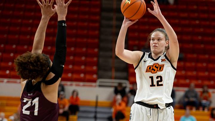 Dec 17, 2023; Stillwater, Okla, USA; Oklahoma State Cowgirls forward Lior Garzon (12) shoots over