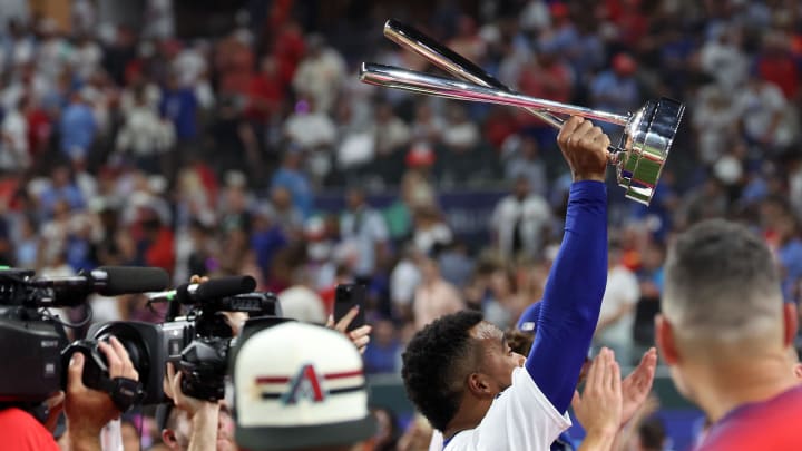Jul 15, 2024; Arlington, TX, USA; National League outfielder Teoscar Hernandez of the Los Angeles Dodgers (37) reacts after winning the 2024 Home Run Derby at Globe Life Field. Mandatory Credit: Kevin Jairaj-USA TODAY Sports