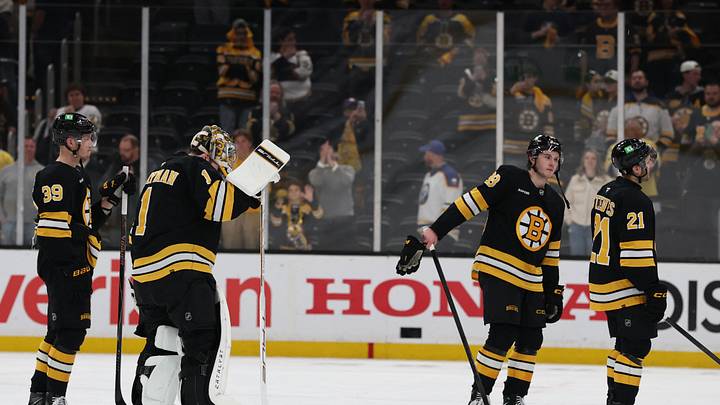 May 1, 2026; Boston, Massachusetts, USA; Boston Bruins center Morgan Geekie (39), goaltender Jeremy Swayman (1), center Fraser Minten (93) and center Alex Steeves (21) head for the locker room after their 4-1 loss to the Buffalo Sabres in game six of the first round of the 2026 Stanley Cup Playoffs at TD Garden. Mandatory Credit: Winslow Townson-Imagn Images