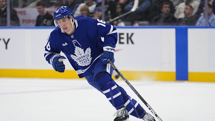 Apr 2, 2025; Toronto, Ontario, CAN; Toronto Maple Leafs forward Mitch Marner (16) skates against the Florida Panthers during the third period at Scotiabank Arena. Mandatory Credit: John E. Sokolowski-Imagn Images