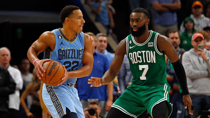 Nov 7, 2022; Memphis, Tennessee, USA; Memphis Grizzlies guard Desmond Bane (22) and Boston Celtics guard Jaylen Brown (7) during the second half at FedExForum. Mandatory Credit: Petre Thomas-Imagn Images