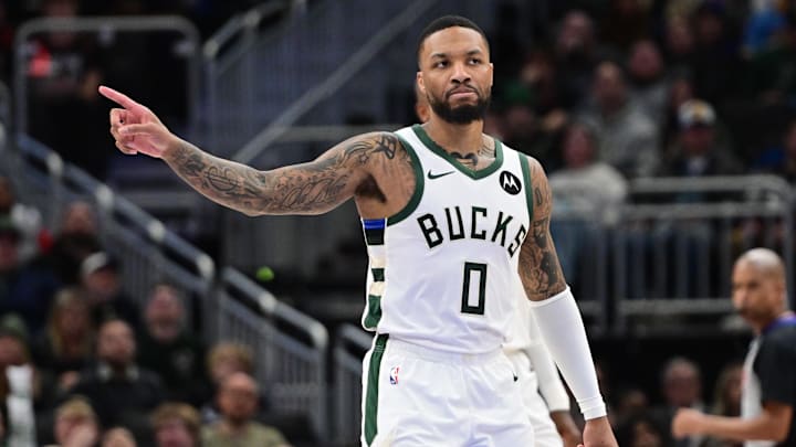 Jan 4, 2025; Milwaukee, Wisconsin, USA; Milwaukee Bucks guard Damian Lillard (0) gestures in the third quarter against the Portland Trail Blazers at Fiserv Forum. Mandatory Credit: Benny Sieu-Imagn Images