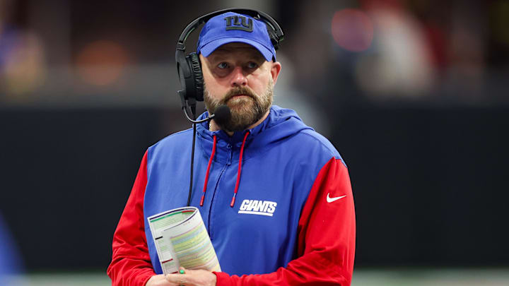 Dec 22, 2024; Atlanta, Georgia, USA; New York Giants head coach Brian Daboll on the sideline against the Atlanta Falcons in the third quarter at Mercedes-Benz Stadium.  