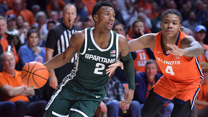 Jan 11, 2024; Champaign, Illinois, USA;  Michigan State Spartans guard Tyson Walker (2) drives the